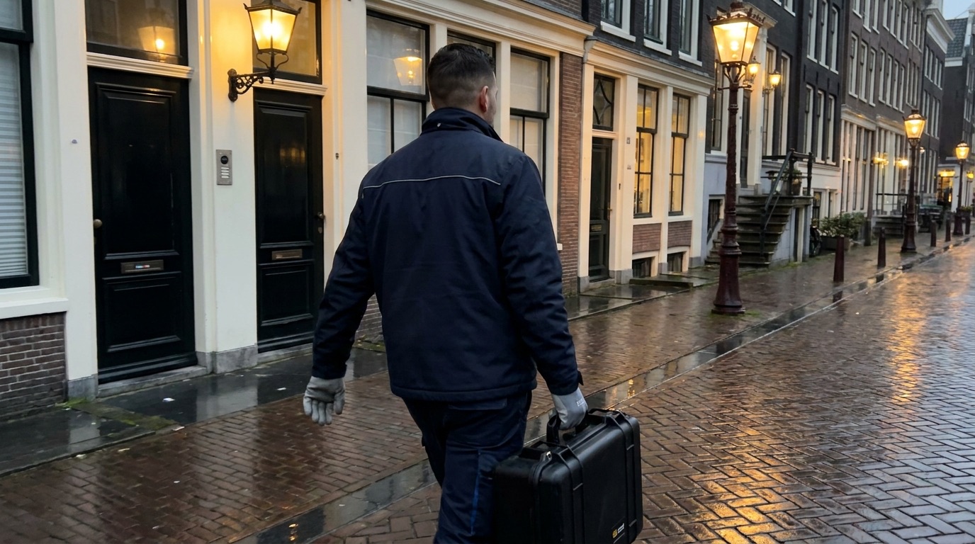 Slotenmaker loopt 's avonds met zijn koffer door een Amsterdamse straat