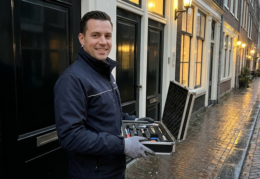 Onze slotenmaker met zijn gereedschapskoffer in een Amsterdamse straat